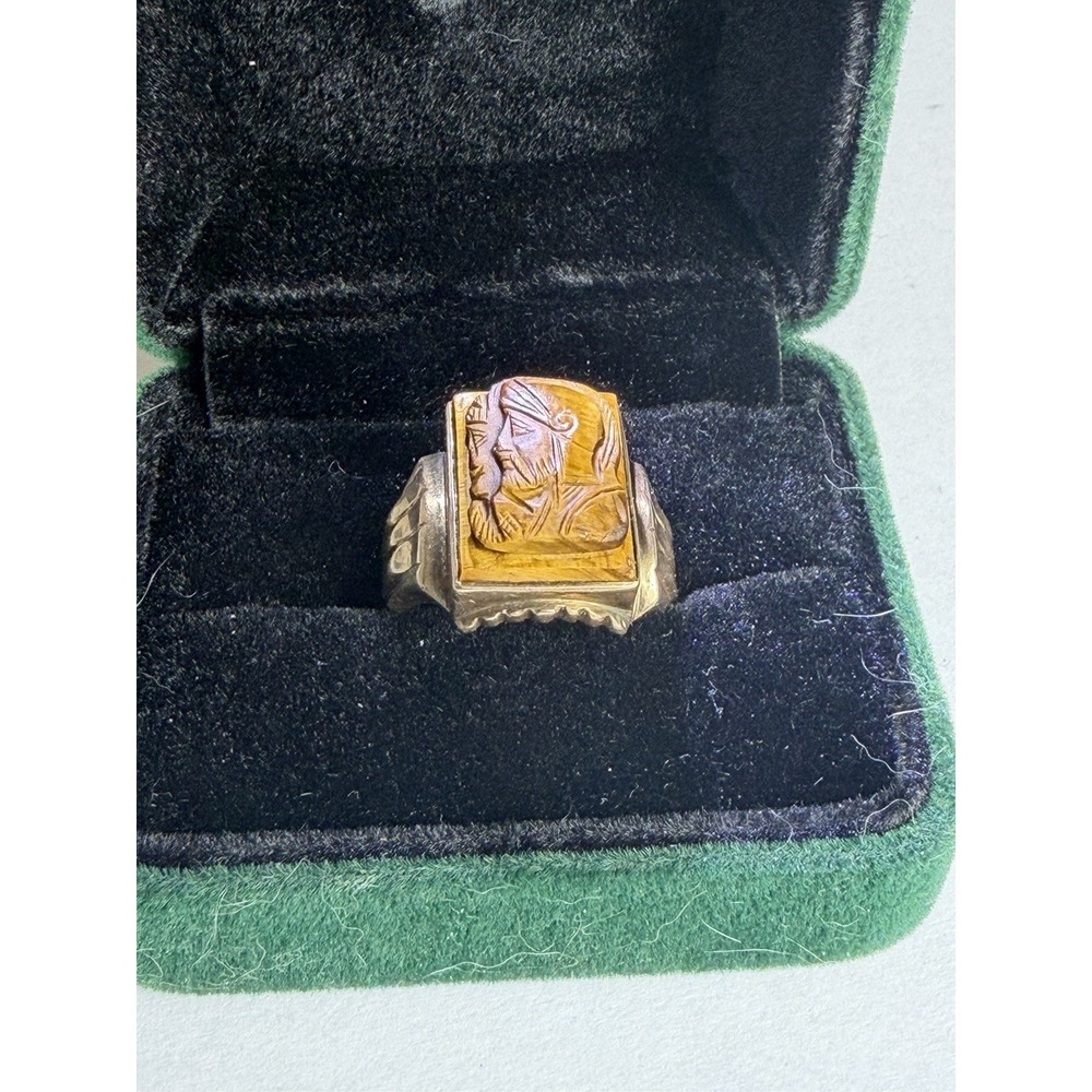 Vintage 10K Yellow Gold Tiger Eye Roman Warrior Cameo Intaglio Ring Sz 7 6g - Picture 2 of 10